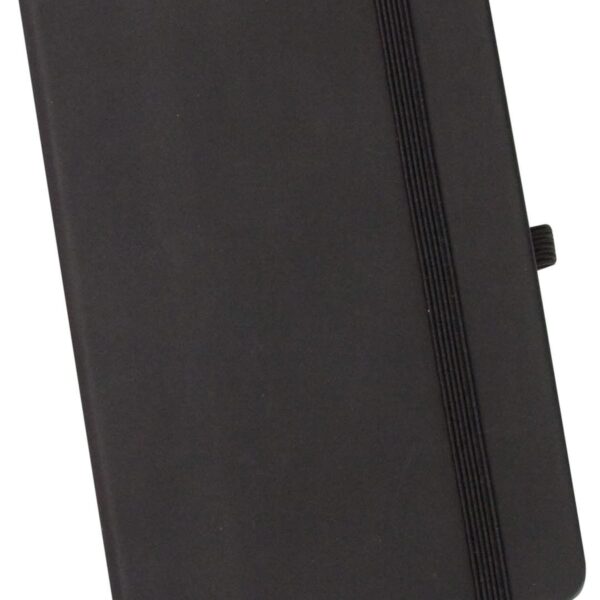 A black hardcover notebook with an elastic band closure is shown. The notebook is positioned diagonally with the band running vertically along the right side, and a small pen loop is visible on the right edge.