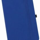 A blue hardcover notebook with an elastic band wrapped vertically around the cover. The notebook has a pen loop on the side and a page marker ribbon at the bottom.
