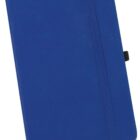 A closed blue notebook with a textured cover, an elastic band for closure, and a small pen holder on the side. A ribbon bookmark peeks out from the bottom, and the notebook is positioned at a slight angle.