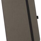 A closed brown notebook with a black elastic band wrapped around it. The notebook is placed at an angle, showing a slim profile and a pen loop on the side. A ribbon bookmark peeks out from the bottom.