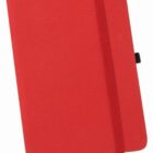 A red hardcover notebook with a matching elastic band around its right edge for closure. A ribbon bookmark is visible at the bottom. The notebook lays flat against a white background.
