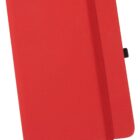 A closed, red notebook with a matching elastic strap wrapped around it. The notebook has a red bookmark ribbon visible at the bottom and a black pen holder on the right side.