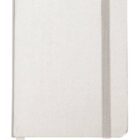 A plain white hardcover notebook with rounded corners and an elastic band closure on the right edge. A white ribbon bookmark is partially visible at the bottom. The notebook is on a white background.