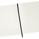 Open lined notebook with a black ribbon bookmark placed in the center. The pages are blank, and the notebook lies flat against a white background.