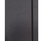 A closed, black hardcover notebook with an elastic band closure and a ribbon bookmark peeking out from the bottom. The notebook has a sleek and minimalist design.