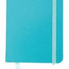 A turquoise notebook with a matching elastic band closure and ribbon bookmark, lying closed against a white background.