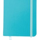 A blue hardcover notebook with a matching elastic closure band and a ribbon bookmark on the right side. The notebook cover has a slight texture. The elastic band is placed vertically from top to bottom near the edge.