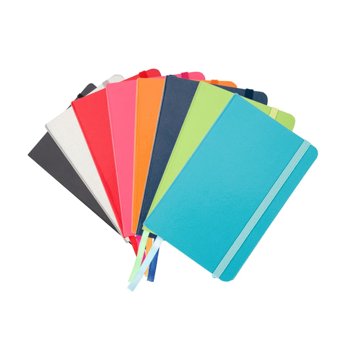 A collection of eight closed notebooks fanned out. Each notebook has a different colored cover: dark gray, white, red, orange, blue, lime green, turquoise, and light blue. All have elastic bands and ribbon bookmarks.