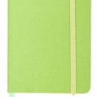 A lime green notebook with a matching elastic band wrapped vertically around the right edge. It has a smooth cover and a ribbon bookmark in a similar shade of green emerging from the bottom.