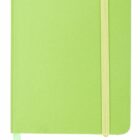A lime green notebook with a textured cover, featuring a matching elastic band for closure and a ribbon bookmark. The notebook is closed, and the ribbon is hanging down from the bottom.