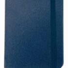A closed dark blue notebook with a textured cover lies flat. It features an elastic band around the right edge and a blue ribbon bookmark peeking out from the bottom.