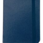 A closed blue hardcover notebook with an elastic band around its right edge. A blue ribbon bookmark is visible at the bottom. The notebook has a textured cover and is centered on a white background.