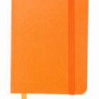 An orange notebook with rounded corners, featuring an orange elastic band and a matching bookmark ribbon. The cover has a slight texture, and the notebook appears to be closed.