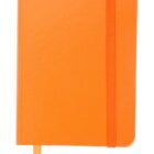 An orange notebook with a textured cover, featuring rounded corners and an elastic strap closure on the right side. A matching orange ribbon bookmark is visible at the bottom.