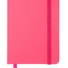 A closed, bright pink notebook with rounded edges and an elastic band. The notebook has a matching pink ribbon bookmark peeking out from the bottom.