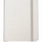 A closed gray notebook with a textured cover, an attached vertical elastic band for closure, and a ribbon bookmark hanging from the bottom. The notebook has rounded corners.