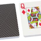 A deck of playing cards is split, showing the back design on the left and the Queen of Diamonds face-up on the right. The back design features a black and white crisscross pattern.