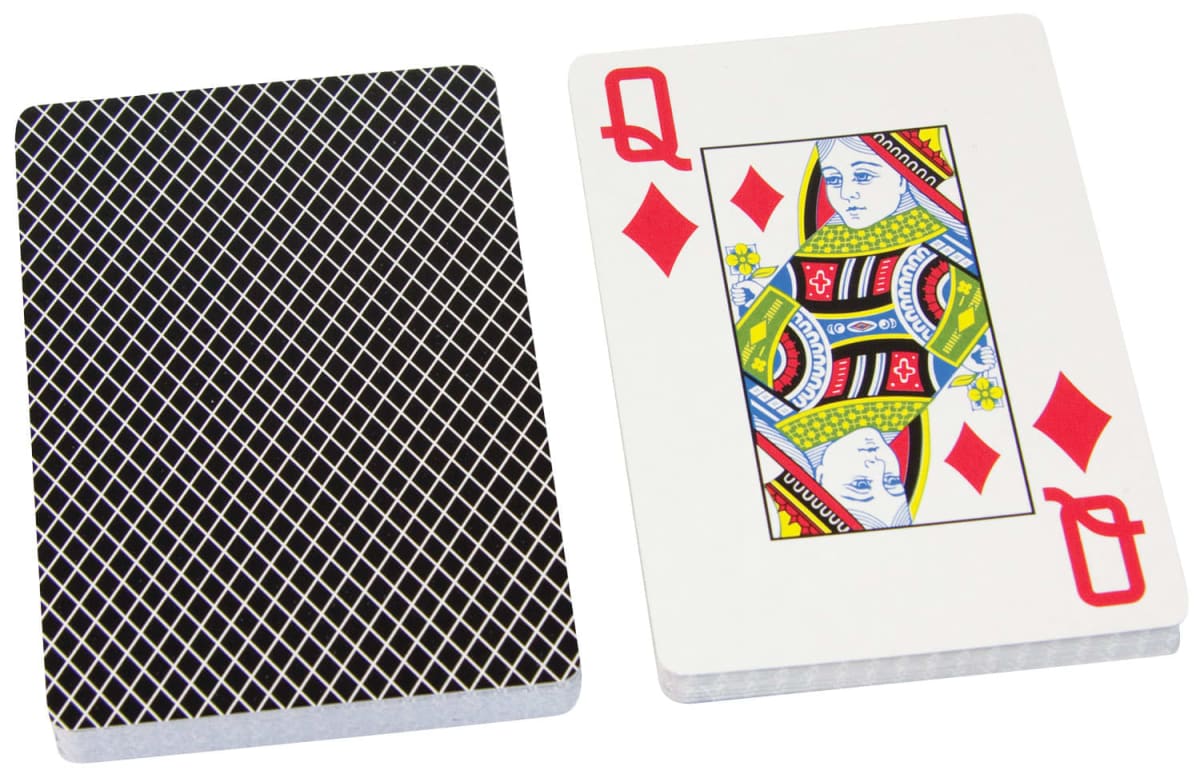 A deck of playing cards is split, showing the back design on the left and the Queen of Diamonds face-up on the right. The back design features a black and white crisscross pattern.