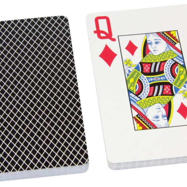 A deck of playing cards is shown. The card on top of the right pile is the Queen of Diamonds. The left pile is face down, showing a pattern of black and white crisscross lines.