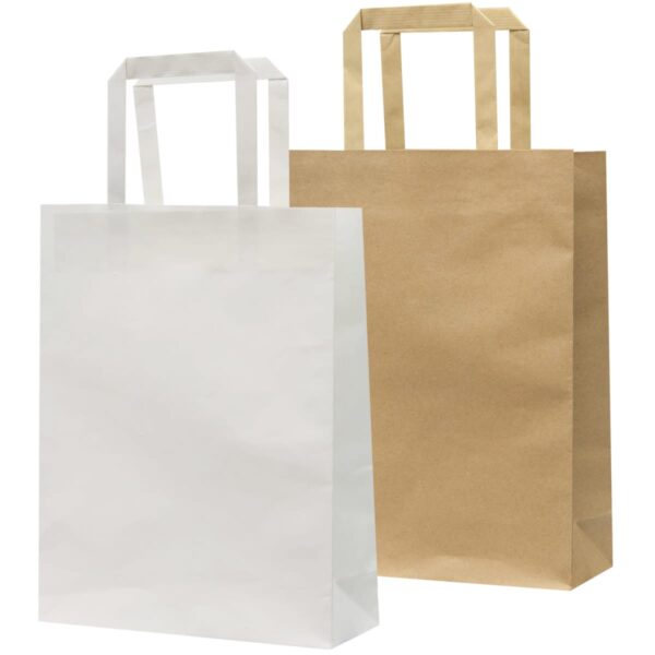 Two paper shopping bags with handles, one white and one brown, stand upright against a plain background. The bags are simple with no visible branding or text.