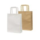 Two paper shopping bags with handles against a white background. One bag is white and in the foreground, while the other is brown and slightly behind the white bag.