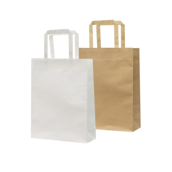 A white paper bag and a brown paper bag with handles are standing side by side against a plain white background. The bags are in an upright position, showcasing their size and structure.