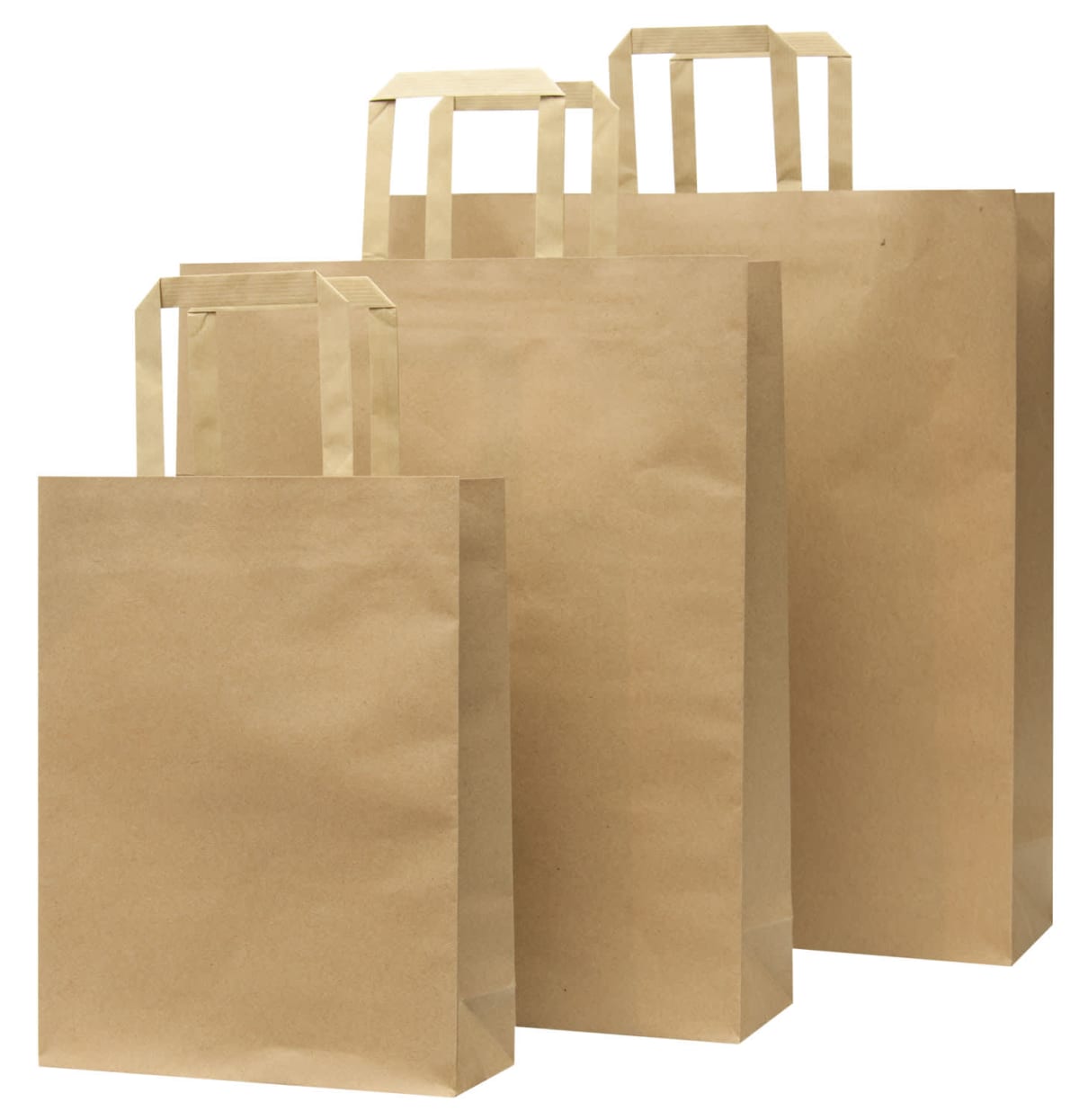 Three brown paper bags of varying sizes with handles, standing upright against a white background.
