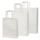 Three white paper bags of varying sizes are lined up in a row. Each bag has flat, rectangular handles and a plain, smooth surface. The bags are positioned against a white background, emphasizing their clean, minimalist design.