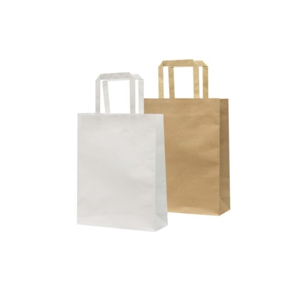 Two paper bags with handles stand side by side against a white background. One bag is white, and the other is brown.