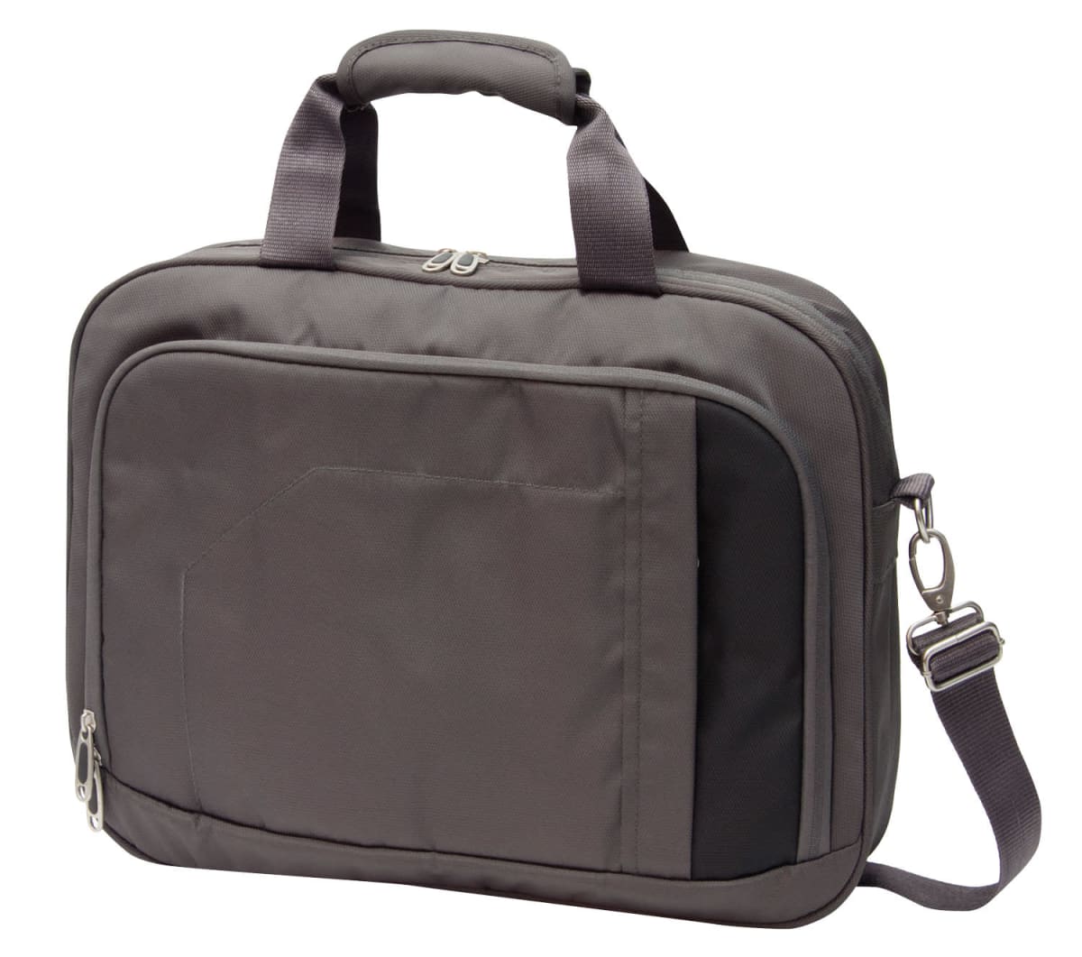 A gray, rectangular laptop bag with a front pocket, a sturdy handle, and an adjustable shoulder strap. It features a zippered closure and a sleek, professional design.