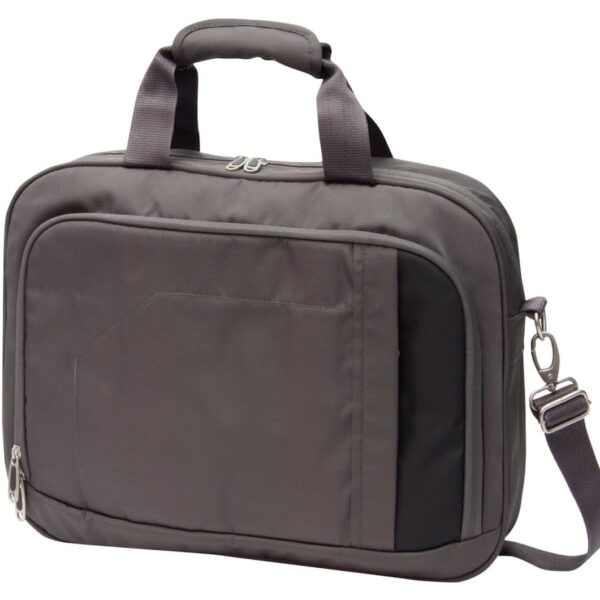 A gray laptop bag with a handle and an adjustable shoulder strap. It has a zippered main compartment and an outer pocket. The design is simple and functional.