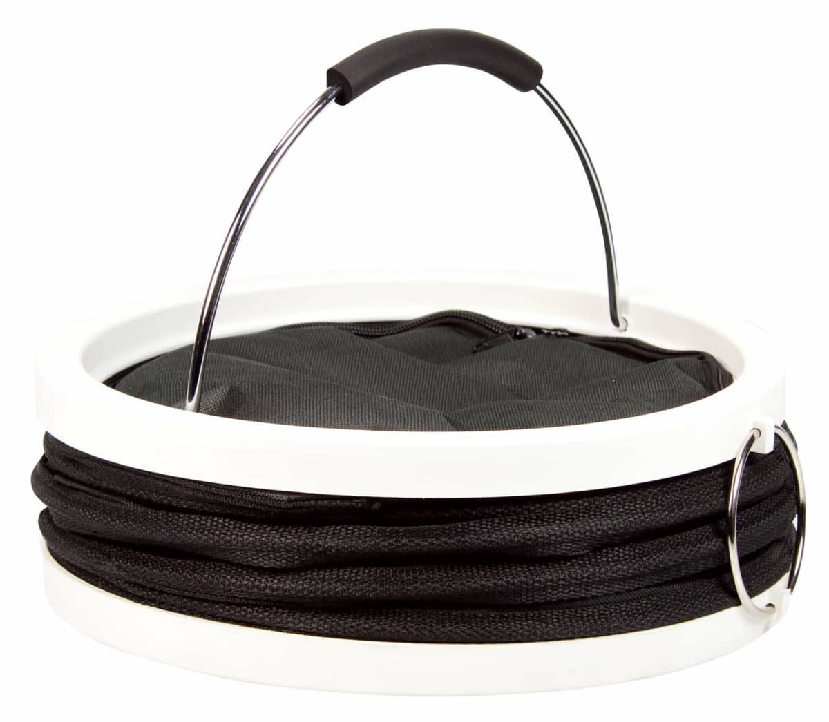 A white collapsible laundry basket with a black fabric body and a black zippered cover. The basket has a metal handle with a black grip and a silver ring attached to the side.