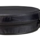 A round, black soft case with a zipper and a black carrying strap on the side.
