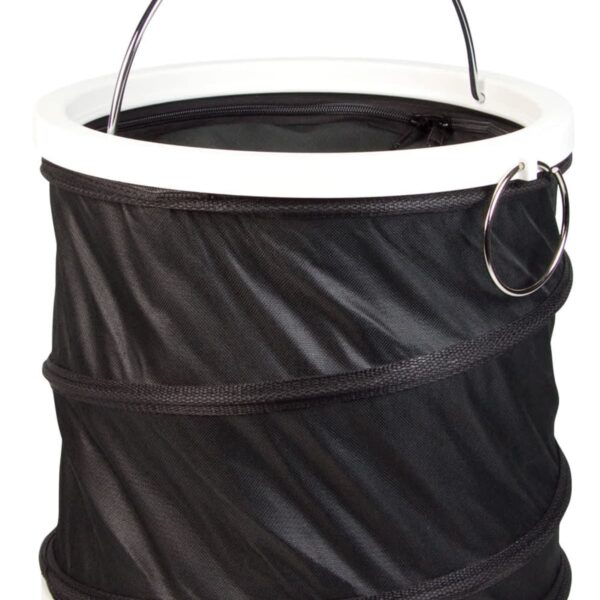 Collapsible black bucket with a white rim and metal handle. The bucket features a circular design and a zipper around the rim. A metal ring is attached to the side, possibly for hanging or securing.