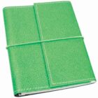 A green leather-bound notebook with a textured cover. It is secured with a matching green elastic band wrapped around it.