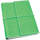 A closed green leather journal with a textured cover, secured by an elastic band wrapped horizontally around it.