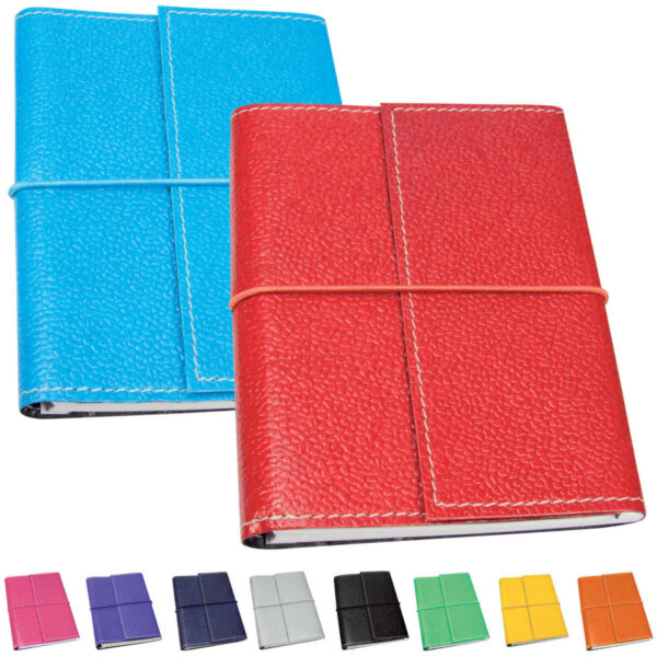 Two leather-bound notebooks, one blue and one red, with elastic straps. Below, a row shows additional color options: pink, purple, navy, gray, black, white, green, yellow, and orange.