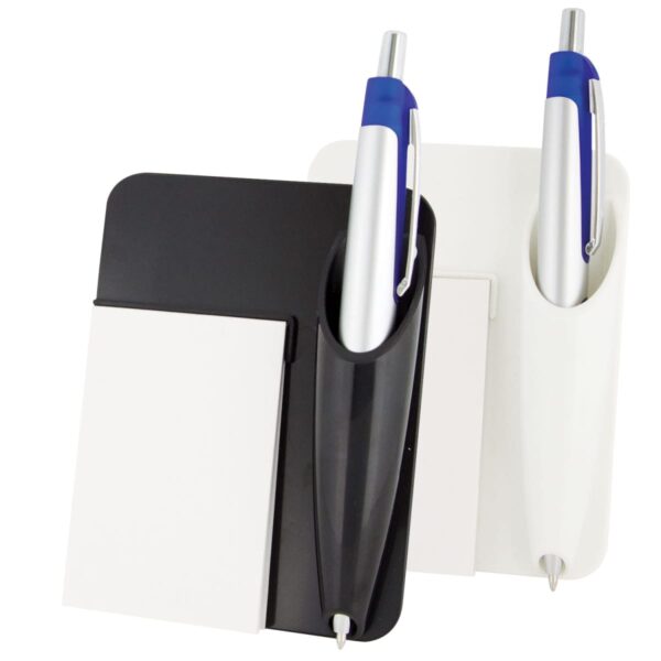 Two stationery holders, one black and one white, each containing a notepad and a blue and silver pen. The pens are placed diagonally in built-in pen slots on the top right corner of the holders.