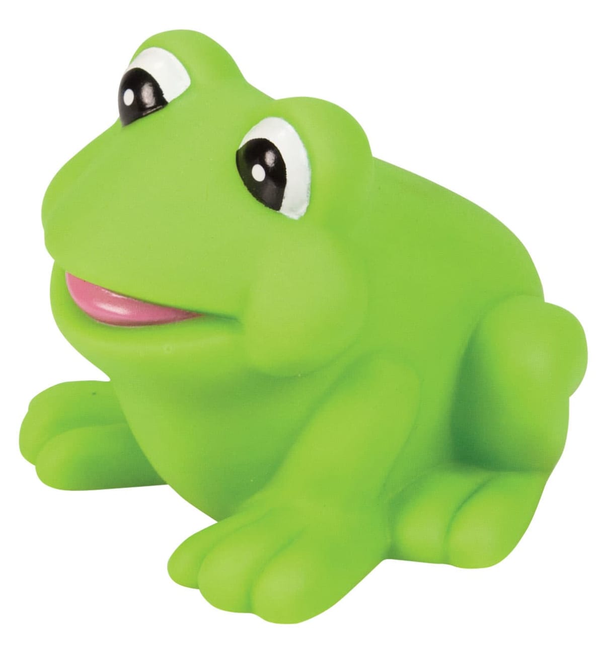 A green rubber frog toy with large, shiny eyes and a pink mouth sits upright. The frog has a smooth texture and simple design, giving it a playful, cartoon-like appearance.