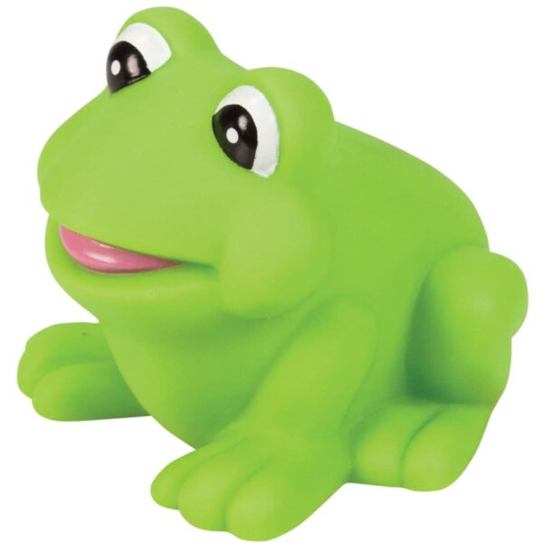 A cartoon-style green rubber frog toy with large, shiny eyes and a smiling expression. The frog is sitting with its front legs bent.