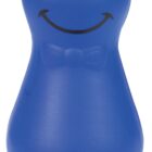 A blue, rounded figure with a smiling face and painted eyes. It has a simple bowtie shape on its front. The figure is smooth and resembles a toy character.
