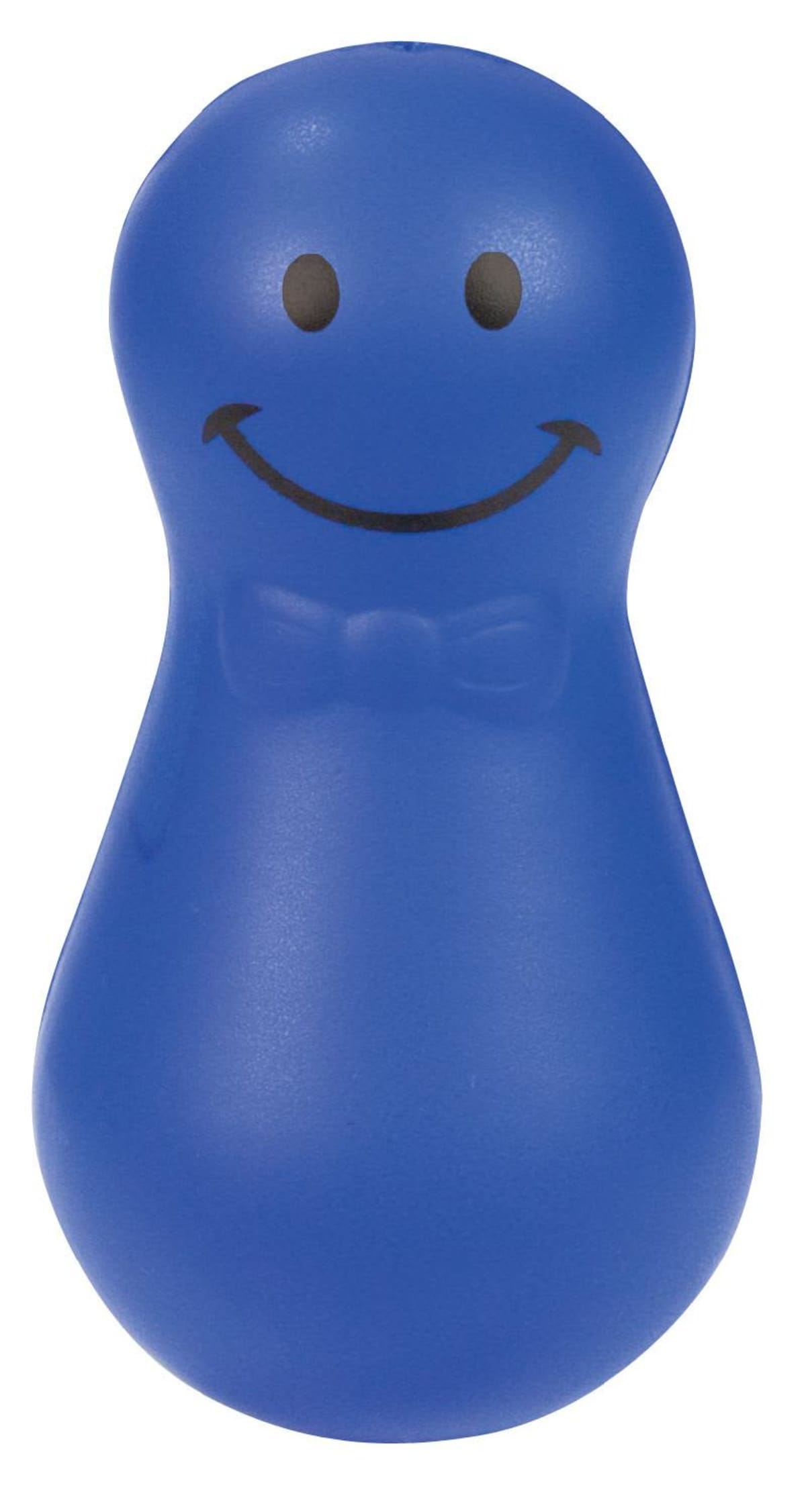 A blue, rounded figure with a smiling face and painted eyes. It has a simple bowtie shape on its front. The figure is smooth and resembles a toy character.