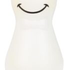 A white, bowling pin-shaped toy with a smiling face. The eyes are small and black, and the mouth is a simple curved line. A bow tie outline is visible beneath the face. The toy has a smooth texture.
