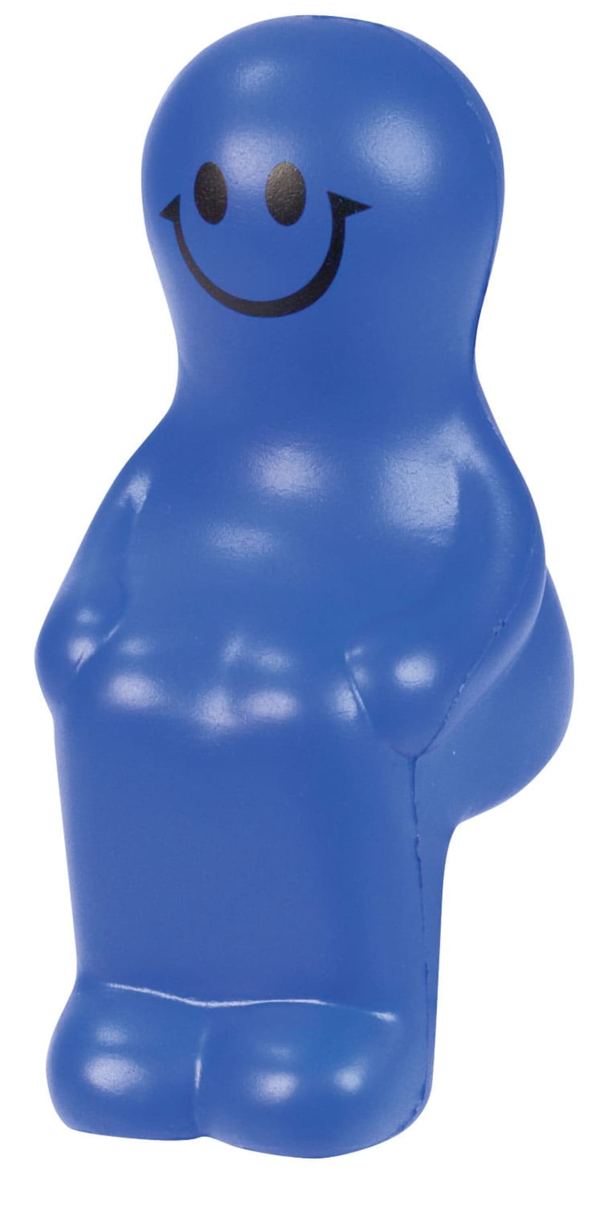 A blue, human-like figurine with a simple, smiling face drawn in black. The figure appears to be sitting upright, with rounded features and no distinct details for clothing or accessories.
