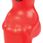 Red smiling stress ball shaped like a simple human figure sitting, with a round head and black smiley face.