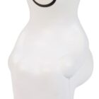 A small, white, smiling figure with a simple, round body and a black smiley face sits with its legs together. The figure has minimalist features and appears to be made of a soft material.