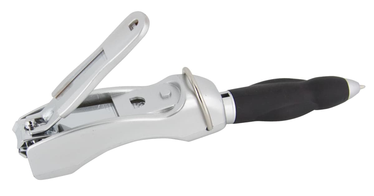 A multifunctional tool featuring a nail clipper and a pen attached, with a black grip on the pen side. The nail clipper is metallic with a foldable handle.