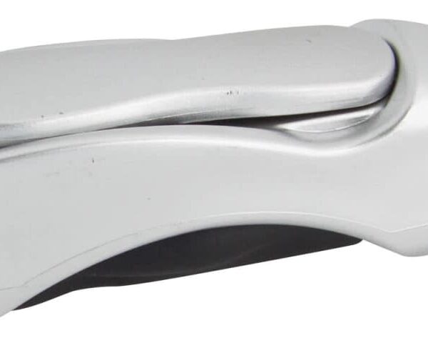 A silver nail clipper with a sleek, curved design and a small metal loop at the end, likely for attachment to a keychain or lanyard, is shown against a plain white background.