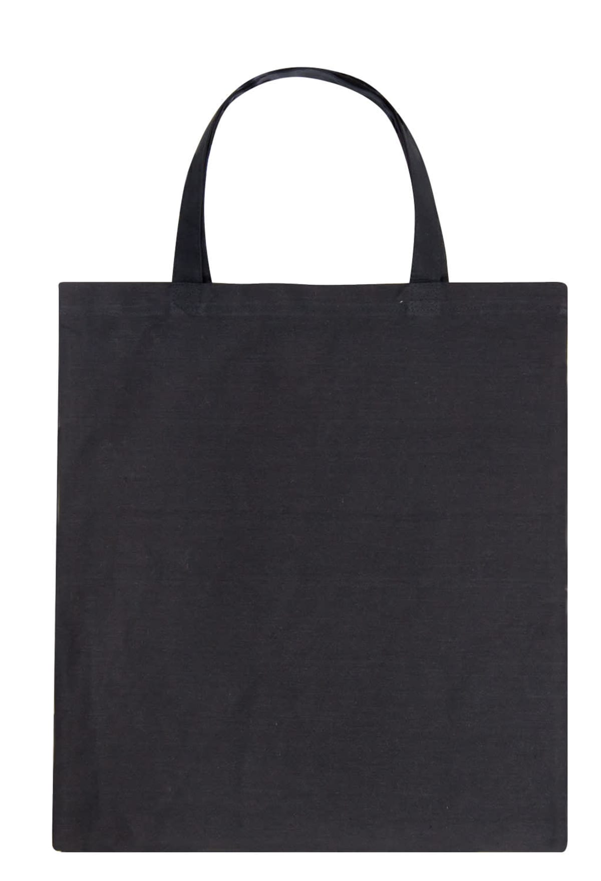 A plain black tote bag with two handles is shown against a white background. The bag is empty and flat, with no visible patterns or logos.