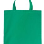 A plain green tote bag with two handles, laying flat on a white background.
